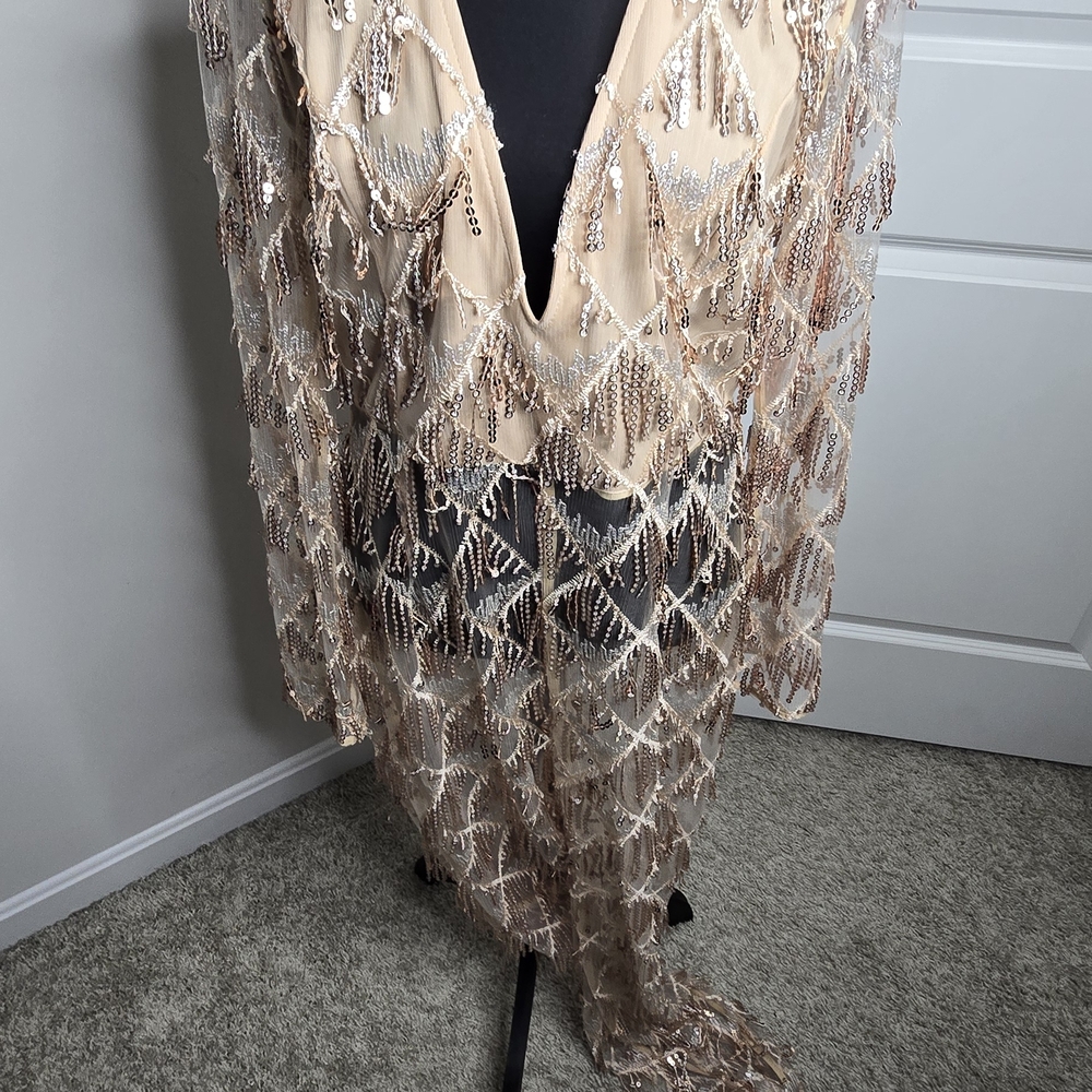 PrettyLittleThing Rose Gold Tassel Sequin Plunge Jumpsuit Sheer US 10 - Picture 2 of 8